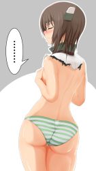 Rule 34 | ..., 1girl, ass, back, blush, brown hair, closed eyes, closed mouth, collar, covering breasts, covering privates, cowboy shot, from behind, green panties, hamaguri (hamaguri1234), headband, highres, kantai collection, panties, profile, short hair, solo, speech bubble, spoken ellipsis, standing, striped clothes, striped panties, sweat, taihou (kancolle), thighs, topless, torn clothes, two-tone background, underwear