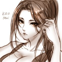 Rule 34 | 1girl, breasts, cleavage, fatal fury, jeongmito, large breasts, long hair, lowres, monochrome, ponytail, shiranui mai, solo, the king of fighters