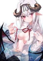 Rule 34 | 1girl, :o, ahoge, black hairband, black ribbon, blush, bow hairband, breasts, collared shirt, cowboy shot, curled horns, demon girl, demon horns, demon wings, dutch angle, grey skirt, hair between eyes, hairband, highres, horns, in water, long hair, long sleeves, looking at viewer, low wings, medium breasts, midriff, navel, open clothes, open mouth, open shirt, original, plaid, plaid skirt, pointy ears, red eyes, red neckwear, red ribbon, red wings, ribbon, sazamiso rx, shirt, skirt, solo, unbuttoned, very long hair, water, wet, wet clothes, white hair, white shirt, wings