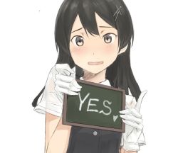 Rule 34 | 1girl, black hair, black vest, chalkboard, gloves, grey eyes, hair ornament, hairclip, kantai collection, kawashina (momen silicon), looking at viewer, oyashio (kancolle), shirt, short sleeves, simple background, solo, upper body, vest, white background, white gloves, white shirt
