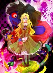 Rule 34 | 1girl, absurdres, blonde hair, blue eyes, blue flower, blue rose, doll, dress, flower, highres, ib (kouri), long hair, mary (ib), mary janes, open mouth, pantyhose, petals, red flower, red rose, rose, shoes, smile, solo, sumire (dolphin), yellow flower, yellow rose