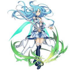 Rule 34 | 1girl, asuna (sao-alo), blue eyes, blue hair, blue skirt, blue thighhighs, breasts, cape, cleavage, closed mouth, collarbone, detached sleeves, earrings, floating hair, full body, hair ornament, highres, holding, holding sword, holding weapon, jewelry, layered skirt, long hair, long sleeves, looking at viewer, medium breasts, midriff, miniskirt, navel, official art, pleated skirt, pointy ears, revealing clothes, skirt, smile, solo, standing, stomach, sword, sword art online, thighhighs, transparent background, very long hair, waist cape, weapon, white cape, white sleeves