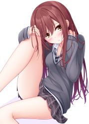Rule 34 | 1girl, blush, breasts, brown eyes, brown hair, collarbone, collared shirt, commentary request, dress shirt, fingernails, grey skirt, grey sweater, hair between eyes, hands up, head tilt, highres, idolmaster, idolmaster shiny colors, knee up, long hair, long sleeves, looking at viewer, medium breasts, nail polish, osaki amana, parted lips, plaid, plaid skirt, pleated skirt, red nails, shirt, skirt, sleeves past wrists, solo, sweater, very long hair, white shirt, yoye (pastel white)