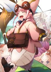 Rule 34 | bag, baggy pants, bandages, buttons, closed eyes, fate/grand order, fate (series), habetrot (fate), hat, herigaru (fvgyvr000), highres, kingprotea (fate), long hair, pants, pink hair, pointy ears, satchel, sewing, smile, staff, wiping sweat