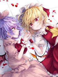Rule 34 | 2girls, ascot, bat wings, blonde hair, closed mouth, collared shirt, cowboy shot, crystal, eye contact, flandre scarlet, frilled shirt, frilled shirt collar, frilled skirt, frilled sleeves, frills, from side, hair between eyes, hat, kuromame1025, light smile, looking at another, medium hair, mob cap, multicolored wings, multiple girls, on floor, pink headwear, pink shirt, pink skirt, puffy short sleeves, puffy sleeves, purple hair, red ascot, red eyes, red petals, red skirt, red vest, remilia scarlet, shirt, short sleeves, siblings, simple background, sisters, skirt, touhou, vest, white background, white headwear, white shirt, wings, wrist cuffs, yellow ascot
