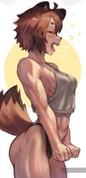 Rule 34 | 1girl, abs, ahoge, animal ears, breasts, brown hair, closed eyes, cowboy shot, highres, medium breasts, muscular, muscular female, navel, open mouth, original, panties, raccoon ears, raccoon girl, raccoon tail, short hair, sideboob, solo, squeans, stretching, tail, teeth, tongue, underwear, waking up, wersman, yawning