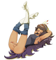 Rule 34 | 1boy, androgynous, anus, bad id, bad pixiv id, boots, censored, dark-skinned male, dark skin, denim, earrings, feather hair ornament, feathers, hair ornament, highres, image sample, jeans, jewelry, long hair, male focus, nipples, open mouth, original, pants, penis, pixiv sample, purple hair, resized, riko (k riko), simple background, solo, spread legs, testicles, tongue, trap