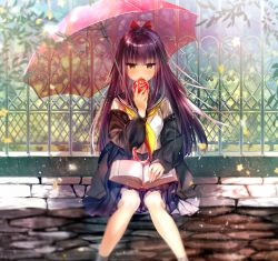 Rule 34 | 1girl, apple, black cardigan, blue skirt, blunt bangs, blurry, blush, book, book on lap, bow, brown eyes, cardigan, commentary request, day, depth of field, feet out of frame, fence, flower, food, fruit, hair bow, highres, holding, holding food, holding fruit, itofuya, knees together feet apart, leaf, light particles, long hair, long sleeves, looking away, looking down, neckerchief, open book, open mouth, original, outdoors, petals, pleated skirt, purple hair, red bow, red umbrella, school uniform, serafuku, sitting, skirt, socks, solo, transparent, transparent umbrella, tree, umbrella, yellow neckerchief
