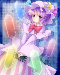 Rule 34 | 1girl, alternate hair length, alternate hairstyle, bad id, bad pixiv id, blush, book, bow, capelet, crescent, crescent moon, female focus, hat, minato0618, moon, patchouli knowledge, purple eyes, purple hair, short hair, solo, touhou, zoom layer