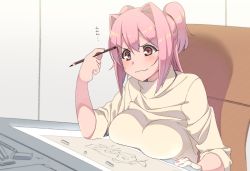 Rule 34 | 1girl, breast rest, breasts, commentary request, concentrating, drawing, drawing board, eraser, hair intakes, highres, large breasts, miton (turuyasann), original, paper, pencil, pencil to face, pink eyes, pink hair, shirt, sitting, sleeves pushed up, solo, two side up, wavy mouth, yellow shirt