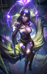 1girl absurdres breasts bridal_gauntlets cleavage electricity genshin_impact glowing hair_ornament highres japanese_clothes kimono large_breasts light long_hair looking_at_viewer mr_xior obi obiage obijime outdoors purple_eyes purple_hair raiden_shogun sash sitting solo thighhighs torn_clothes wide_sleeves