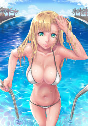 Rule 34 | 1girl, aqua eyes, bad id, bad pixiv id, bare arms, bikini, blonde hair, blue sky, breasts, bush, caustics, cleavage, closed mouth, cloud, collarbone, cowboy shot, day, dripping, eyelashes, from above, hand in own hair, hand on own head, highres, holding, house, lips, long hair, looking at viewer, medium breasts, nail polish, navel, original, outdoors, palm tree, pink nails, pool, pool ladder, revision, ripples, sky, solo, stomach, string bikini, summer, swimsuit, thigh gap, tree, water, wet, wet hair, white bikini, zhean li