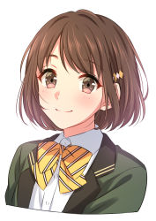 Rule 34 | absurdres, androgynous, blush, bob cut, bow, bowtie, brown eyes, brown hair, closed mouth, collared shirt, cropped torso, diamond-shaped pupils, diamond (shape), gender request, green jacket, hair ornament, hairclip, highres, jacket, looking at viewer, medium hair, on air (game), sekina, shirt, simple background, smile, solo, symbol-shaped pupils, upper body, white background, white shirt, wing collar, yellow bow, yellow bowtie