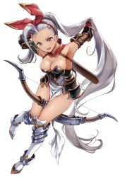 Rule 34 | 1girl, :d, absurdly long hair, absurdres, armor, armpits, boots, bow, bow (weapon), bow hairband, breasts, cleavage, copyright request, elbow gloves, full body, gloves, grey hair, hair bow, hairband, highres, knee boots, long hair, looking at viewer, medium breasts, armored boots, open mouth, red bow, red eyes, red hairband, simple background, smile, solo, umakuchi shouyu, very long hair, weapon, white background