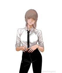 Rule 34 | 1girl, alternate hair color, black necktie, black pants, braid, braided ponytail, breasts, business suit, chainsaw man, formal, grey hair, high-waist pants, light smile, long hair, long sleeves, looking at viewer, makima (chainsaw man), medium breasts, nail polish, necktie, office lady, own hands together, pants, red nails, ringed eyes, shirt, shirt tucked in, sleeves rolled up, smile, solo, suit, twitter username, wa1kingbird, white background, white shirt, yellow eyes