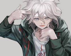 Rule 34 | 1boy, :d, commentary request, danganronpa (series), danganronpa 2: goodbye despair, finger gun, finger gun to head, grey background, hair between eyes, hand on own chin, hand up, highres, hood, hooded jacket, hoodie, jacket, komaeda nagito, long sleeves, looking at viewer, male focus, messy hair, muuyiie, open clothes, open jacket, open mouth, shirt, short hair, simple background, smile, solo, upper body, white hair, white shirt