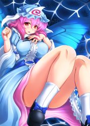 Rule 34 | 1girl, bad id, bad pixiv id, breasts, butterfly wings, female focus, ghost, hat, insect wings, japanese clothes, medium breasts, pink eyes, pink hair, saigyouji yuyuko, shin&#039;en (gyokuro company), silk, solo, spider web, touhou, wings