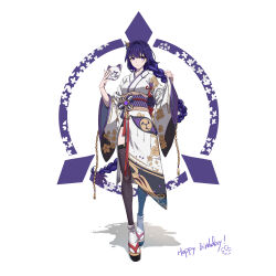 Rule 34 | 1girl, absurdres, alternate costume, black thighhighs, blue hair, braid, breasts, closed mouth, commentary request, facing viewer, floral print, full body, garter straps, genshin impact, hands up, happy birthday, highres, holding, holding mask, japanese clothes, kaka cathenal, kimono, long hair, long sleeves, looking ahead, low-braided long hair, low-tied long hair, mask, medium breasts, mole, mole under eye, multicolored hair, obi, okobo, print kimono, purple eyes, raiden shogun, sandals, sash, simple background, single braid, socks, solo, standing, streaked hair, tabi, thighhighs, very long hair, vision (genshin impact), white background, white kimono, white socks, wide sleeves
