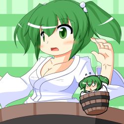 Rule 34 | 2girls, blush, breasts, bucket, cleavage, collarbone, female focus, green hair, hair bobbles, hair ornament, in bucket, in container, kisume, long sleeves, multiple girls, open mouth, touhou, twintails, urushi, wide sleeves