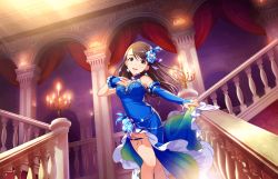 Rule 34 | 10s, 1girl, :d, blue dress, blue gloves, breasts, brown hair, candelabra, candlestand, cleavage, dress, earrings, elbow gloves, fingerless gloves, frilled dress, frilled gloves, frills, gloves, gown, green eyes, hair ornament, hand on own chest, idolmaster, idolmaster cinderella girls, idolmaster cinderella girls starlight stage, jewelry, jpeg artifacts, large breasts, long hair, looking at viewer, nishikawa honami, official art, open mouth, outstretched arm, pillar, railing, smile, solo, sparkle, stairs, standing, swept bangs