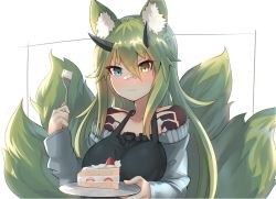 Rule 34 | 1girl, :3, animal ear fluff, animal ears, apron, bandaid, bandaid on face, bandaid on nose, bare shoulders, black apron, blue eyes, blush, breasts, cake, commission, ehrrr, food, fork, green hair, grey sweater, hair between eyes, heterochromia, highres, holding, holding fork, holding plate, horns, lips, long hair, medium breasts, multiple tails, off-shoulder, off-shoulder sweater, off shoulder, phantasy star, phantasy star online 2, plate, shoulder tattoo, sidelocks, simple background, smile, solo, sweater, tail, tattoo, upper body, very long hair, white background, yellow eyes