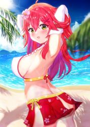 Rule 34 | 1girl, adapted costume, armpits, beach, bikini, bikini skirt, blush, breasts, cotolet33, elbow gloves, flower, gloves, green eyes, hair flower, hair ornament, hairclip, highres, hololive, large breasts, long hair, looking at viewer, presenting armpit, red hair, sakura miko, sakura miko (1st costume), sand, sideboob, solo, sweat, swimsuit, virtual youtuber, water