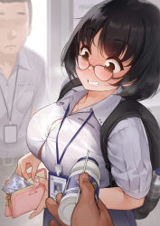 Rule 34 | 1girl, 2boys, backpack, bag, belt, black bag, black belt, black hair, blush, bottle, bra, bra visible through clothes, breasts, brown eyes, check copyright, clenched teeth, collarbone, commentary, condom, condom wrapper, copyright request, drinking straw, embarrassed, english commentary, frown, gao (gaolukchup), giving, glasses, id card, lanyard, large breasts, looking down, money, multiple boys, no eyes, original, portmanteau, school uniform, shirt, short hair, short sleeves, solo focus, sweat, teeth, underwear, water bottle, white shirt