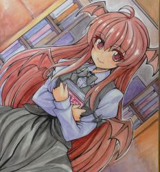 Rule 34 | 1girl, ahoge, armband, book, hugging book, bow, bowtie, colored eyelashes, demon girl, demon wings, dutch angle, eyelashes, holding, holding book, koakuma, library, long hair, looking at viewer, mini wings, hugging object, painting (medium), red eyes, red hair, shikishi, skirt, skirt set, smile, solo, touhou, traditional media, very long hair, vest, watercolor (medium), wings, yagami (mukage)
