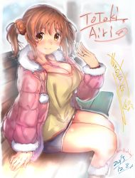 Rule 34 | 10s, 1girl, 2015, bench, blush, boots, breasts, brown eyes, brown hair, character name, cleavage, closed mouth, coat, collarbone, dated, down jacket, fur-trimmed coat, fur trim, hair ornament, hair scrunchie, happy birthday, heart, heart necklace, highres, huge breasts, hunakaka (you2662eternity), idolmaster, idolmaster cinderella girls, jacket, jewelry, long sleeves, looking at viewer, necklace, nose blush, open clothes, open coat, pink coat, ring, scrunchie, shirt, sitting, skirt, smile, solo, totoki airi, twintails, yellow shirt