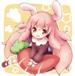 Rule 34 | 1girl, :d, aikei ake, animal ears, bad id, bad pixiv id, blush, bobby socks, brown dress, brown eyes, commentary request, dress, hair between eyes, long hair, long sleeves, looking at viewer, mary janes, open mouth, original, pink hair, puffy long sleeves, puffy sleeves, rabbit ears, red footwear, shoes, smile, socks, solo, star (symbol), stuffed carrot, stuffed toy, very long hair, white socks