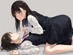 Rule 34 | 2girls, :o, all fours, belt, black hair, blouse, blue eyes, breasts, brown eyes, brown hair, collared shirt, dress, eye contact, female focus, from side, girl on top, grey background, hiwatari rin, implied yuri, long hair, long sleeves, looking at another, lying, medium breasts, multiple girls, neck ribbon, on back, open mouth, original, parted lips, pinafore dress, red eyes, ribbon, school uniform, shirt, short hair, simple background, sleeveless dress, undone neck ribbon, untying, white shirt, yuri
