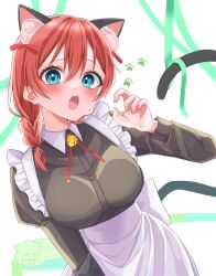 Rule 34 | 1girl, animal ears, animal hands, bell, black dress, blue eyes, blush, braid, breasts, cat day, cat ears, cat tail, collared dress, commentary request, dress, emma verde, furrowed brow, hair between eyes, highres, jingle bell, large breasts, long sleeves, looking at viewer, love live!, love live! nijigasaki high school idol club, low twintails, maid, medium hair, open mouth, osora dao, red hair, sidelocks, solo, tail, twin braids, twintails, upper body
