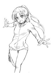 Rule 34 | 1girl, bare legs, female focus, jacket, long sleeves, monochrome, naked jacket, saki (manga), simple background, solo, takakamo shizuno, track jacket, white background