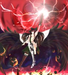 Rule 34 | 1girl, arm cannon, arm up, asymmetrical footwear, asymmetrical legwear, black footwear, black hair, black thighhighs, black wings, boots, bow, breasts, cape, embers, energy, feathered wings, fire, flying, frilled skirt, frills, garter straps, green skirt, hair bow, highres, large wings, leg lift, leg up, long hair, looking up, lumo 1121, armored boots, mismatched footwear, mismatched legwear, lava, puffy short sleeves, puffy sleeves, reiuji utsuho, revision, rock, shirt, short sleeves, skirt, smoke, solo, space, taut clothes, taut shirt, thighhighs, thighs, third eye, touhou, very long hair, weapon, white shirt, wings