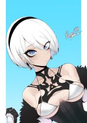 Rule 34 | 1girl, alternate costume, bikini, black hairband, blue eyes, breasts, earrings, fur trim, hairband, highres, jewelry, looking at viewer, mole, mole under mouth, nier (series), nier:automata, no blindfold, rumi (rumigawa31), short hair, small breasts, solo, swimsuit, upper body, white hair, 2b (nier:automata)