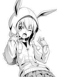 Rule 34 | 1girl, alice gear aegis, animal ears, animal hood, backpack, bag, blush stickers, rabbit ears, rabbit hood, character request, commentary request, cowboy shot, fake animal ears, greyscale, hood, hooded jacket, jacket, layered skirt, long hair, looking at viewer, monochrome, one eye closed, pinakes, skirt, sleeves past wrists, solo