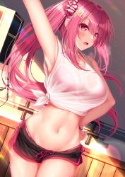 Rule 34 | 1girl, bad id, bad pixiv id, black shorts, blush, bra, bra visible through clothes, bralines, breasts, hair ornament, hairband, hairclip, hand on own hip, hand up, heart, heart hair ornament, highres, idol, idol (7th dragon), large breasts, long hair, microphone stand, moe2021, open mouth, pink bra, pink eyes, pink hair, red hairband, see-through, shirt, shorts, simple background, solo, stomach, underwear, wet, wet clothes, wet shirt, yunagi amane