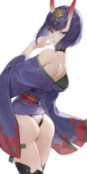 Rule 34 | 1girl, absurdres, ass, bare shoulders, bob cut, butt crack, cotta (heleif), eyelashes, eyeliner, fate/grand order, fate (series), gradient horns, grin, headpiece, highres, horns, japanese clothes, kimono, long sleeves, looking at viewer, looking back, makeup, multicolored horns, obi, off shoulder, pale skin, purple kimono, revealing clothes, sash, shoulder blades, shuten douji (fate), skin-covered horns, smile, solo, thighhighs, wide sleeves