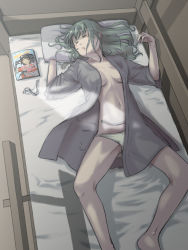 10s 1girl ;) bad_id bad_pixiv_id bed breasts closed_eyes female_focus furukawa_herzer green_hair grin highres kantai_collection long_hair lying magazine_(object) naka_(kancolle) no_bra on_back one_eye_closed open_clothes open_mouth panties pillow polka_dot polka_dot_panties ribbon sleeping smile solo underwear zuikaku_(kancolle)