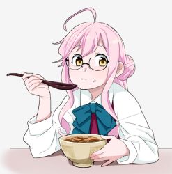 Rule 34 | 10s, 1girl, ahoge, bowl, double bun, eating, food, food on face, glasses, gyuudon, kantai collection, long hair, long sleeves, looking at viewer, makigumo (kancolle), ojipon, pink hair, school uniform, shirt, solo, spoon, twintails, upper body, white shirt, wooden spoon, yellow eyes