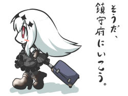 Rule 34 | 10s, 1girl, abyssal ship, aircraft carrier water oni, blush stickers, check commentary, chibi, colored skin, commentary request, detached sleeves, goma (gomasamune), hair ornament, holding, kantai collection, long hair, red eyes, revision, rolling suitcase, simple background, sketch, smile, solo, suitcase, translated, walking, white background, white hair, white skin