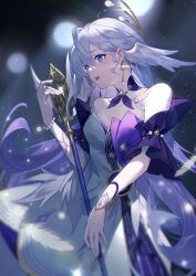 Rule 34 | 1girl, absurdres, aqua eyes, breasts, commentary request, cowboy shot, detached sleeves, dress, earrings, grey hair, hand up, head wings, highres, honkai: star rail, honkai (series), jewelry, long hair, open mouth, robin (honkai: star rail), short sleeves, small breasts, solo, standing, strapless, strapless dress, very long hair, wings, woodylixx