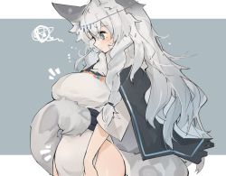 Rule 34 | 1girl, ^^^, animal ear fluff, animal ears, arknights, black cape, blush, braid, breasts, cape, dress, grey background, grey eyes, head chain, jewelry, large breasts, leopard ears, leopard girl, leopard tail, mikozin, pramanix (arknights), side braids, side slit, simple background, solo, squiggle, tail