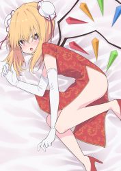 Rule 34 | 1girl, absurdres, alternate costume, blonde hair, blush, breasts, china dress, chinese clothes, double bun, dress, elbow gloves, fang, flandre scarlet, from above, from side, full body, gloves, hair between eyes, hair bun, high heels, highres, looking at viewer, looking to the side, looking up, lying, medium hair, no nose, nose blush, on side, open mouth, rainbow order, red dress, red footwear, short sleeves, skin fang, small breasts, solo, touhou, tsukimirin, white gloves, wings