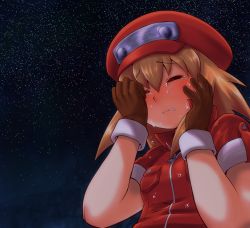 Rule 34 | 1girl, blonde hair, blush, brown gloves, buttons, closed eyes, collared shirt, crying, gloves, hands on own face, hat, highres, jacket, long hair, m.m, mega man (series), mega man legends (series), mega man legends 3, night, night sky, pocket, red jacket, roll caskett (mega man), sad, shirt, short hair, sky, solo, star (sky), starry sky, tears, upper body, zipper