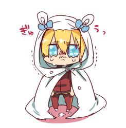 Rule 34 | 1boy, angry, animal ears, blanket, blonde hair, blue bow, blue eyes, bow, chibi, cloak, clothes grab, crying, fake animal ears, full body, goma sodapop, hood, hood up, hooded cloak, jacket, long sleeves, male focus, pants, red jacket, red pants, sad, short hair, simple background, solo, standing, touken ranbu, track suit, trembling, under covers, veil, wavy mouth, white background, yamanbagiri kunihiro