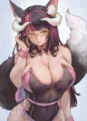 Rule 34 | 1girl, animal ear fluff, animal ears, asaki amber, black hair, black leotard, black tail, blunt bangs, bow, breasts, cleavage, closed mouth, commentary, commission, covered erect nipples, covered navel, cowboy shot, detached collar, english commentary, facial mark, fishnet pantyhose, fishnets, fox ears, fox girl, fox tail, grey background, hand up, highres, horns, indie virtual youtuber, large breasts, leotard, light blush, long hair, looking at viewer, multicolored hair, pantyhose, pink bow, pink eyes, pink wristband, red hair, simple background, smile, solo, strapless, strapless leotard, streaked hair, tail, tezy8art, virtual youtuber, whisker markings, white horns, white tail, wristband, yellow-framed eyewear