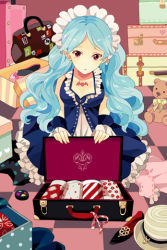 Rule 34 | aqua hair, bat (animal), briefcase, crescent nazo, dress, frilled dress, frills, hat, holding, long hair, looking at viewer, lowres, maid headdress, mu-i, open mouth, parted bangs, polka dot, red eyes, sitting, solo, striped, stuffed animal, stuffed toy, sword girls, tattoo, teddy bear, wavy hair