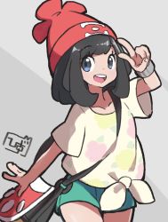 Rule 34 | 1girl, beanie, black hair, collarbone, creatures (company), game freak, green shorts, grey background, hat, hiisu (s-1104-d), jewelry, looking at viewer, nintendo, pokemon, pokemon sm, red hat, ring, selene (pokemon), shirt, short shorts, short sleeves, shorts, signature, simple background, smile, solo, teeth, upper teeth only, v