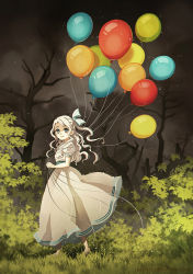 Rule 34 | 1girl, balloon, bare tree, barefoot, blue eyes, blue ribbon, dress, from side, full body, ghost, grass, grey hair, hair ribbon, highres, looking at viewer, nature, one side up, original, plant, puffy short sleeves, puffy sleeves, radittz, ribbon, short sleeves, solo, tree, walking, wavy hair, white dress